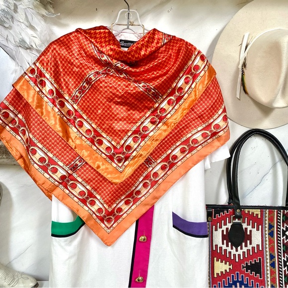 Equestrian houndstooth vibe boho satin scarf/wrap w country southwestern feel - Picture 9 of 15